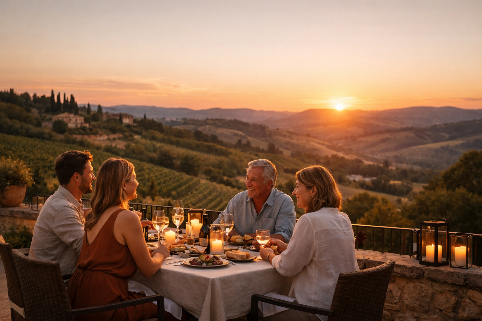 Quattro persone godono di una cena all’aperto su una terrazza panoramica in Italia, circondate da colline e vigneti al tramonto, trasmettendo relax, lusso premium e tempo di qualità condiviso.